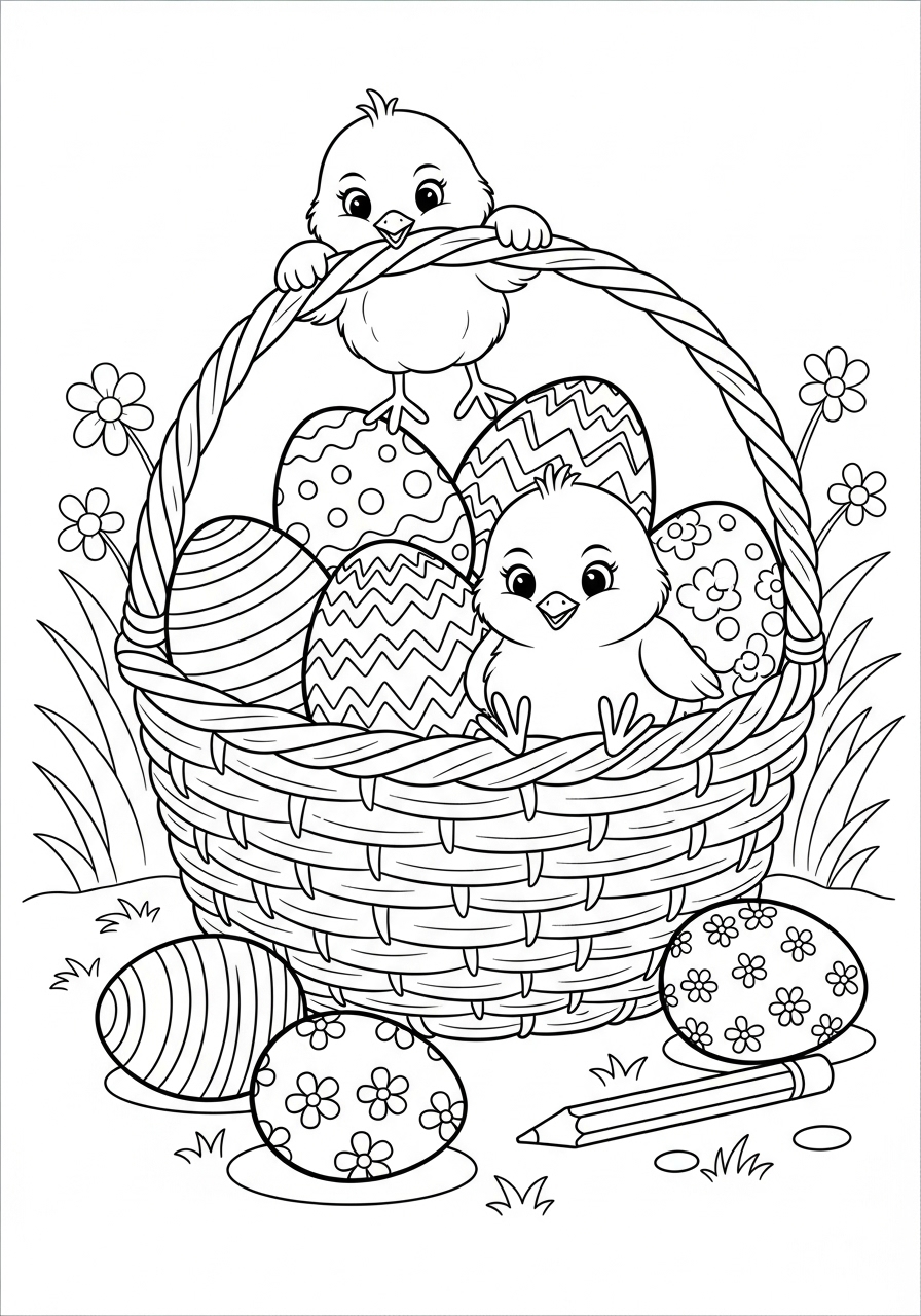Desenho de Pintinho em uma cesta com ovos para colorir