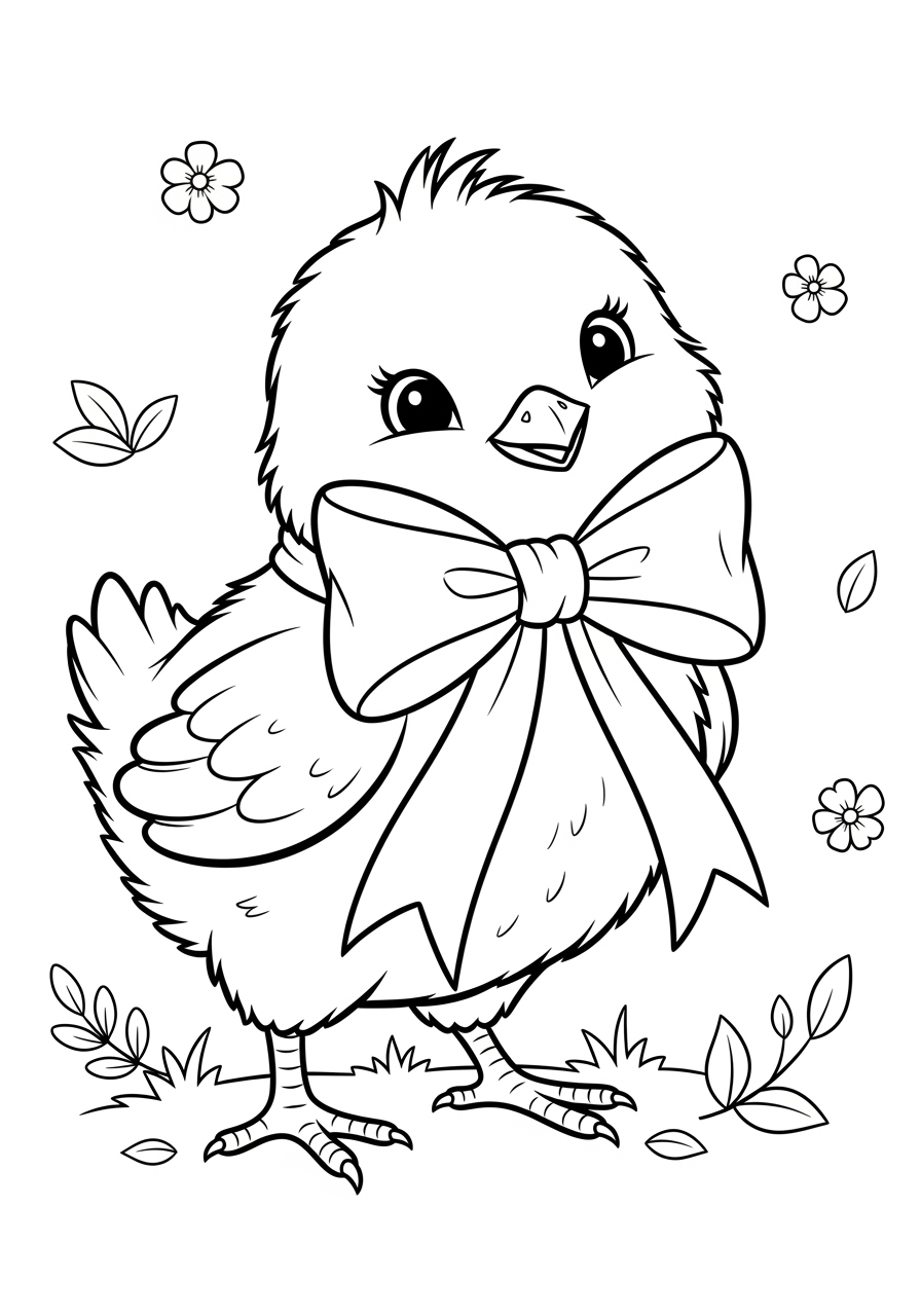 Desenho de Pintinho com laço para colorir