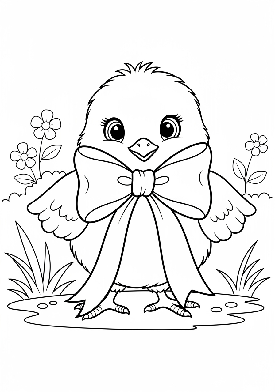 Desenho de Pintinho com laço e flores para colorir