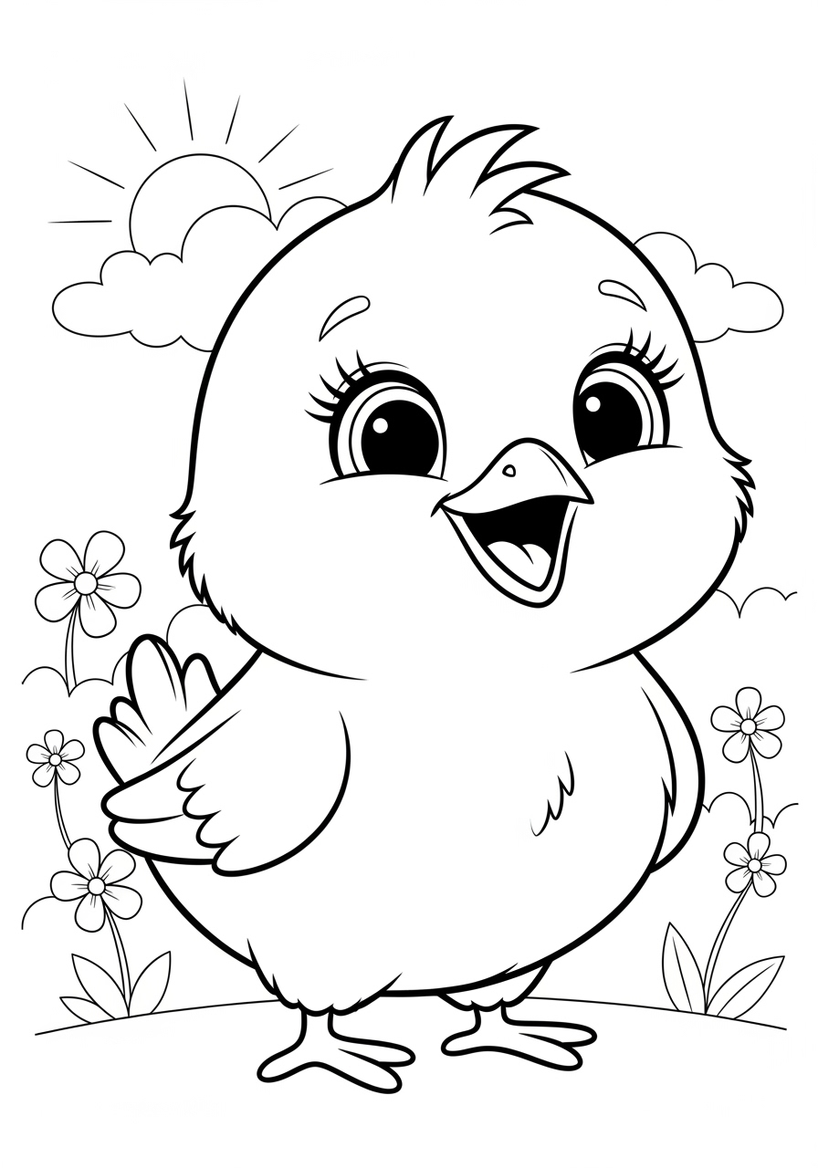 Desenho de Pintinho sorridente em jardim para colorir