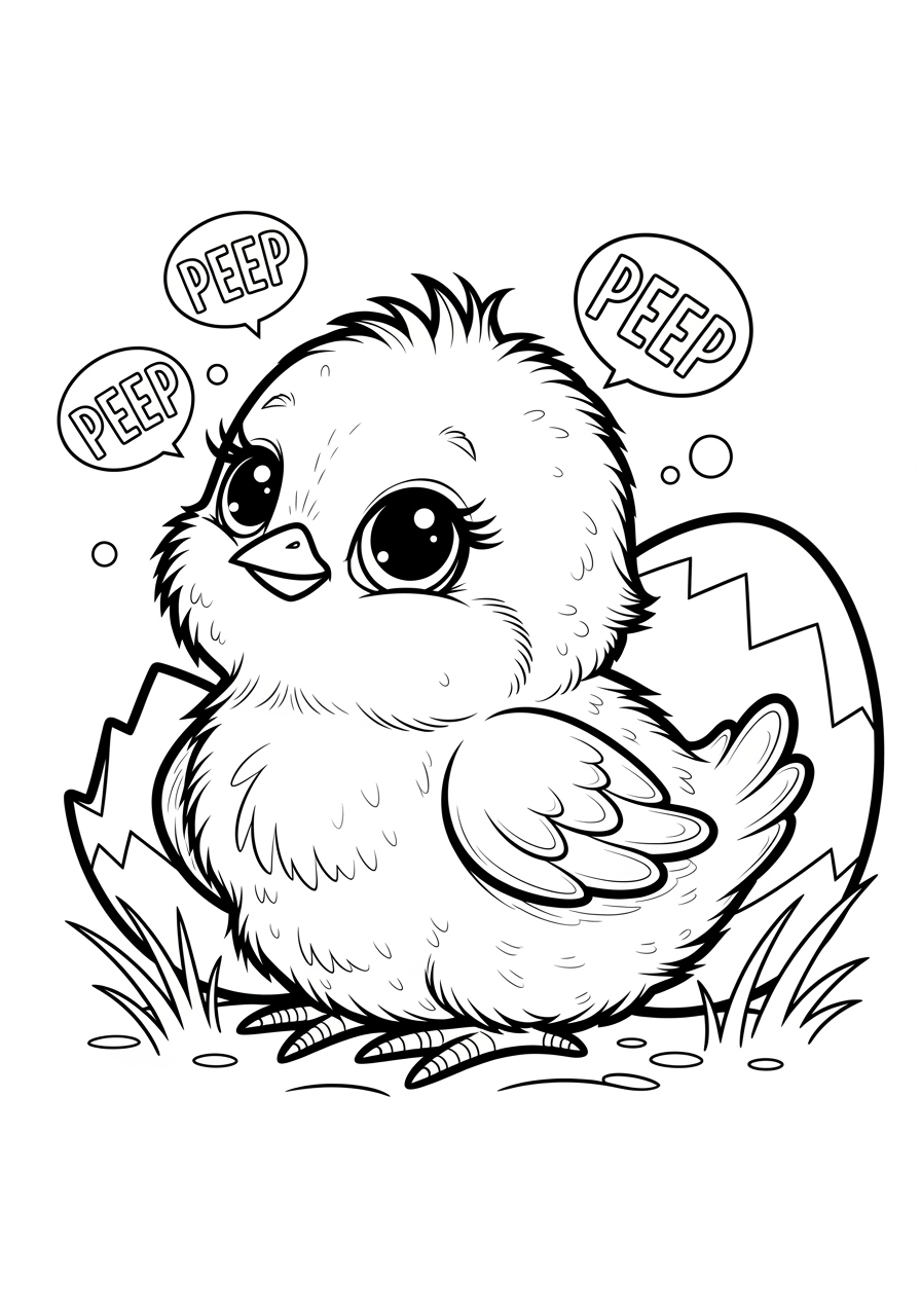 Desenho de Pintinho fofo com ovo para colorir