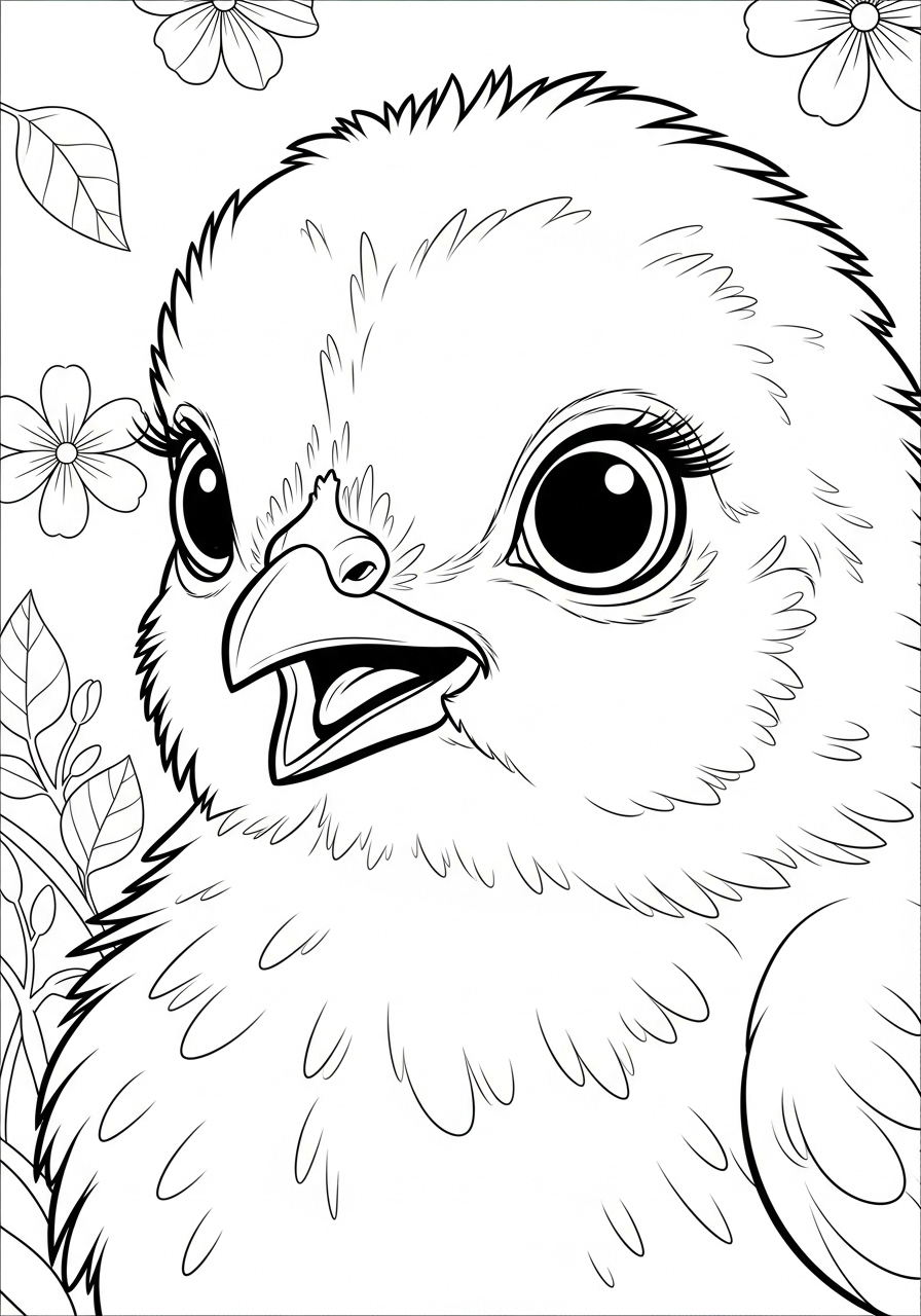 Desenho de Pintinho com flores e folhas para colorir