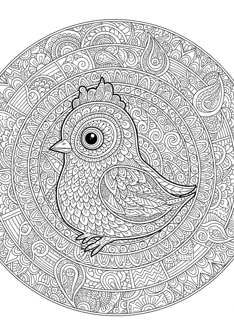 Desenho de Pintinho em um círculo decorativo para colorir
