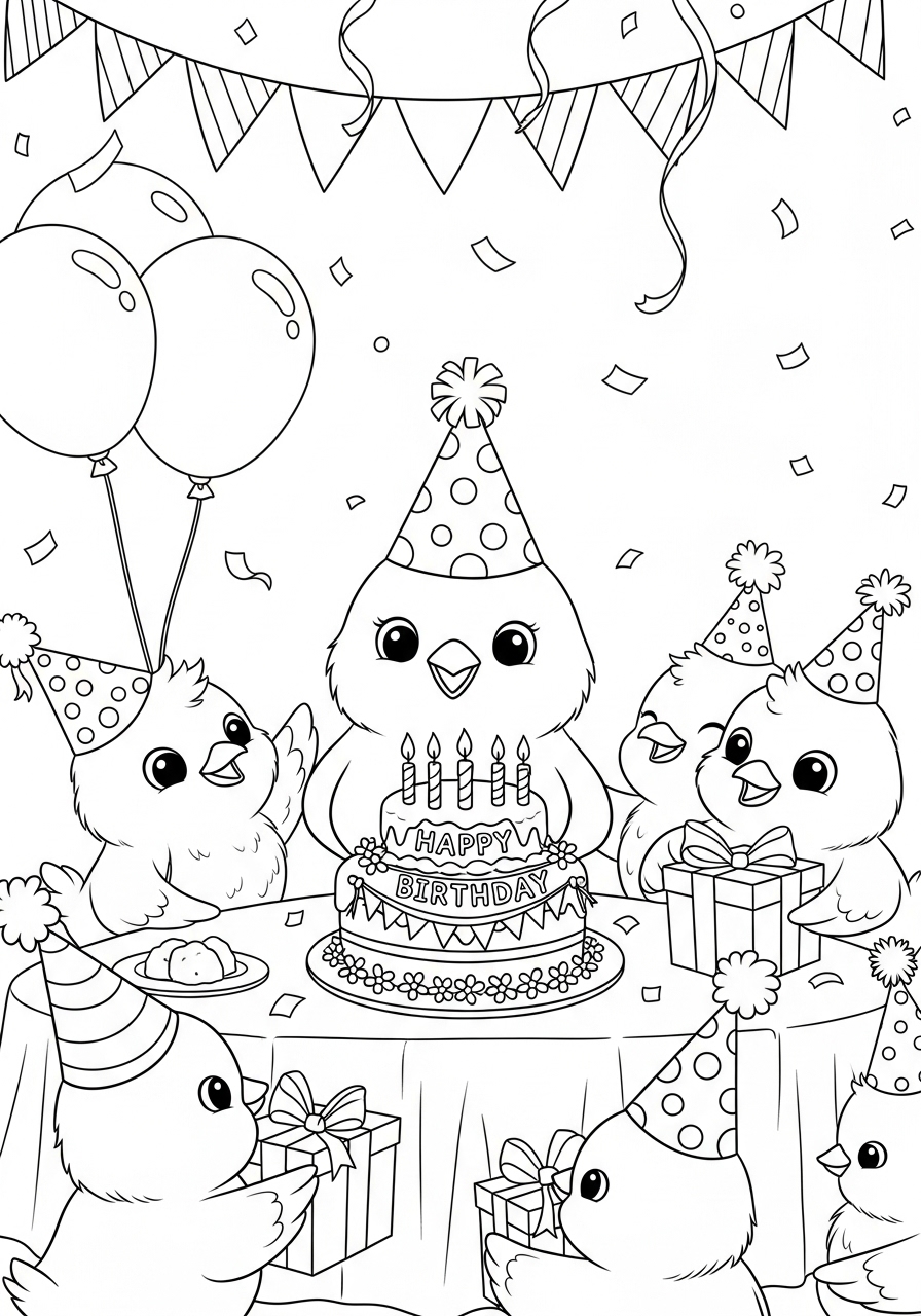 Desenho de Pintinho comemorando aniversário para colorir