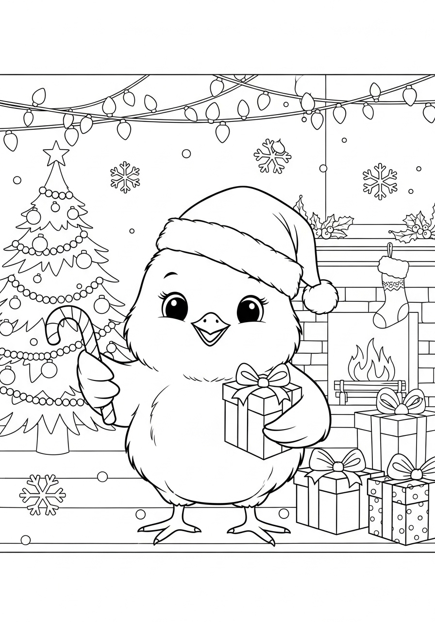 Desenho de Pintinho com chapéu no Natal para colorir