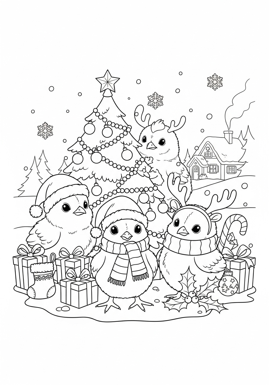 Desenho de Pintinho com chapéus de Natal para colorir