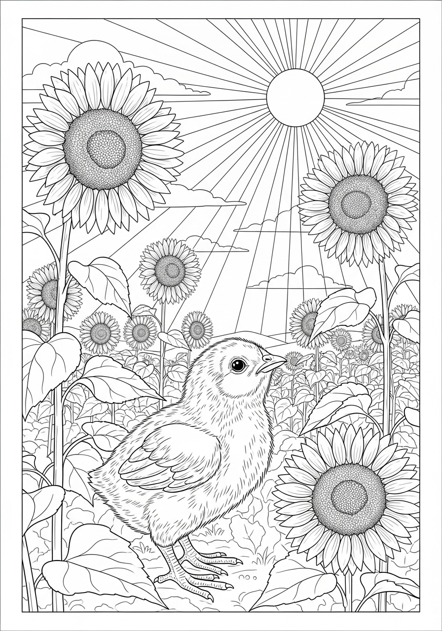 Desenho de Pintinho entre flores de girassol para colorir