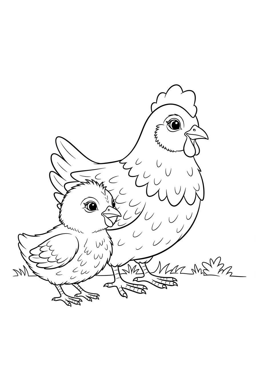 Desenho de Pintinho e galinha para colorir