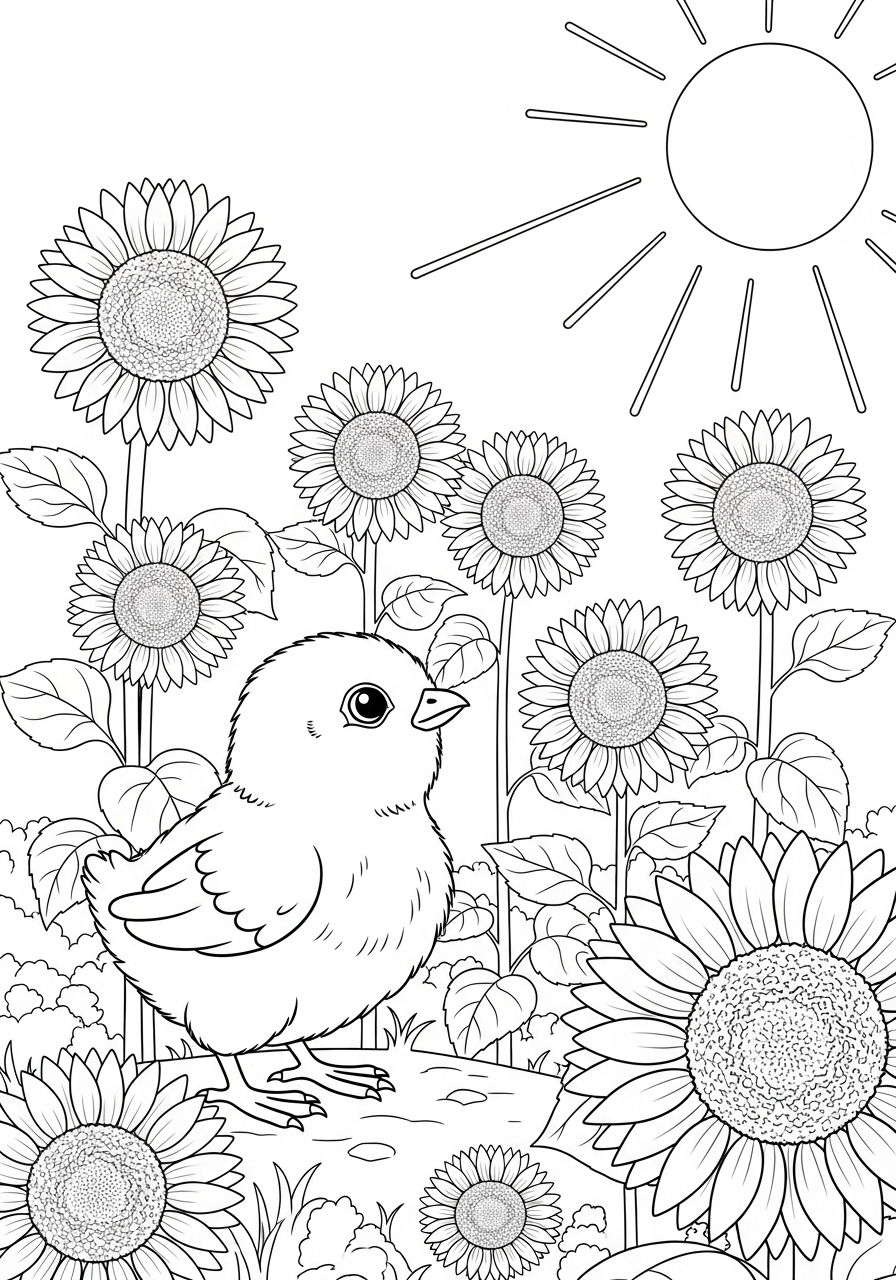 Desenho de Pintinho entre girassóis para colorir