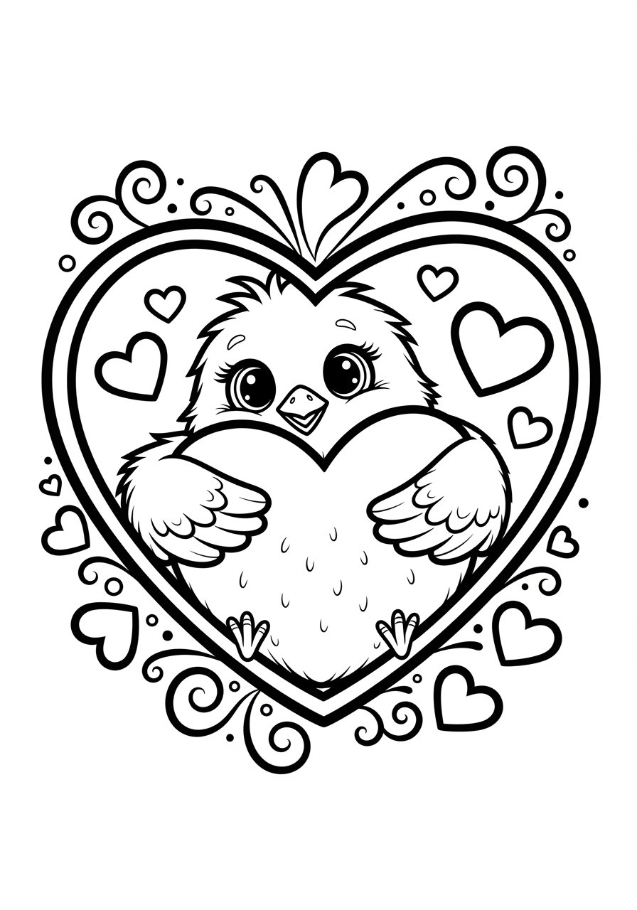 Desenho de Pintinho com corações para colorir