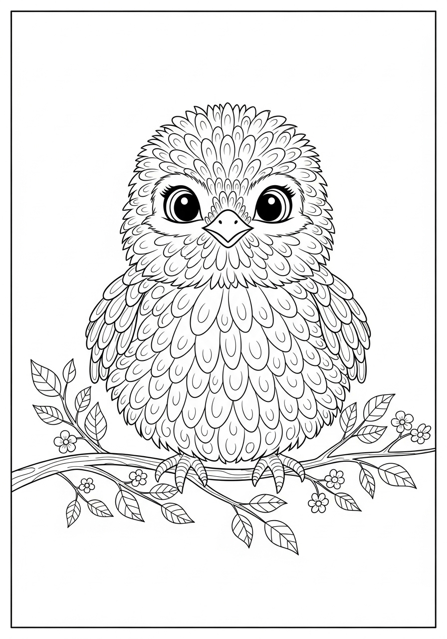 Desenho de Pintinho fofinho em um galho para colorir