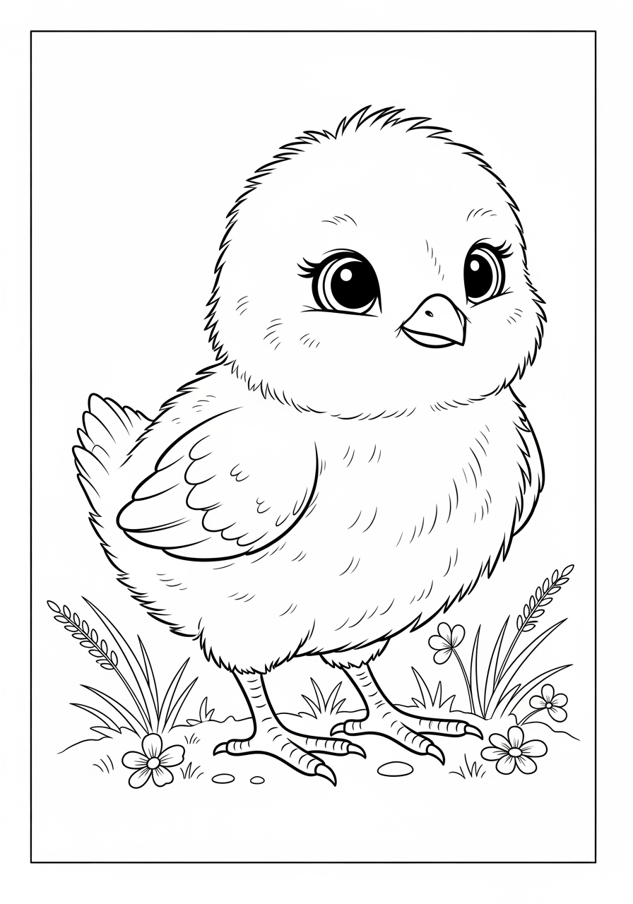 Desenho de Pintinho fofo com flores para colorir