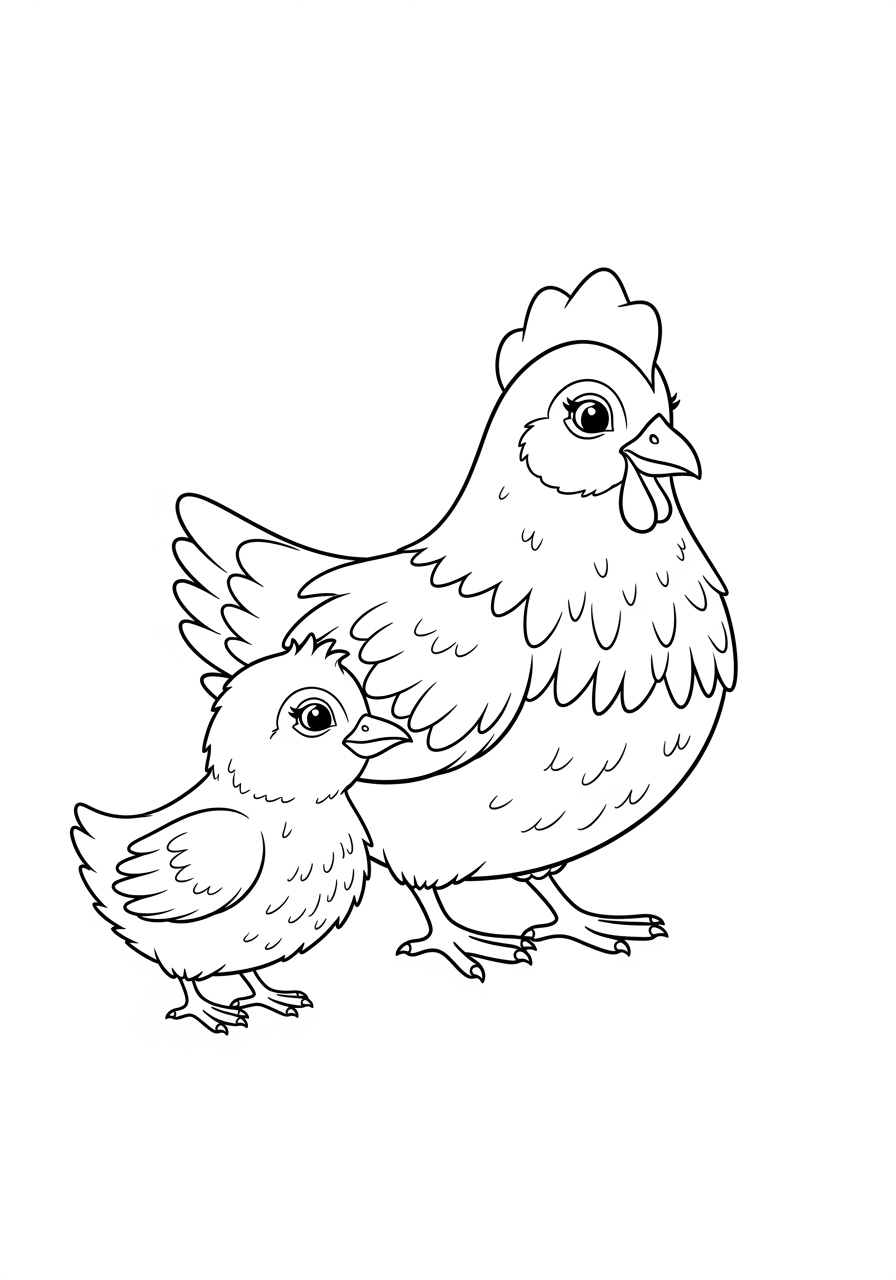 Desenho de Pintinho com a galinha para colorir