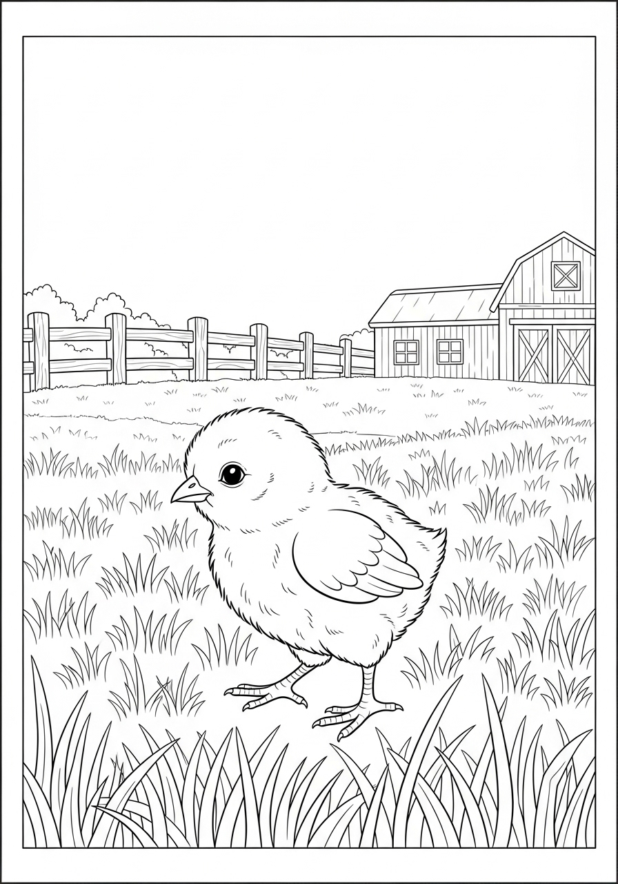 Desenho de Pintinho em campo para colorir