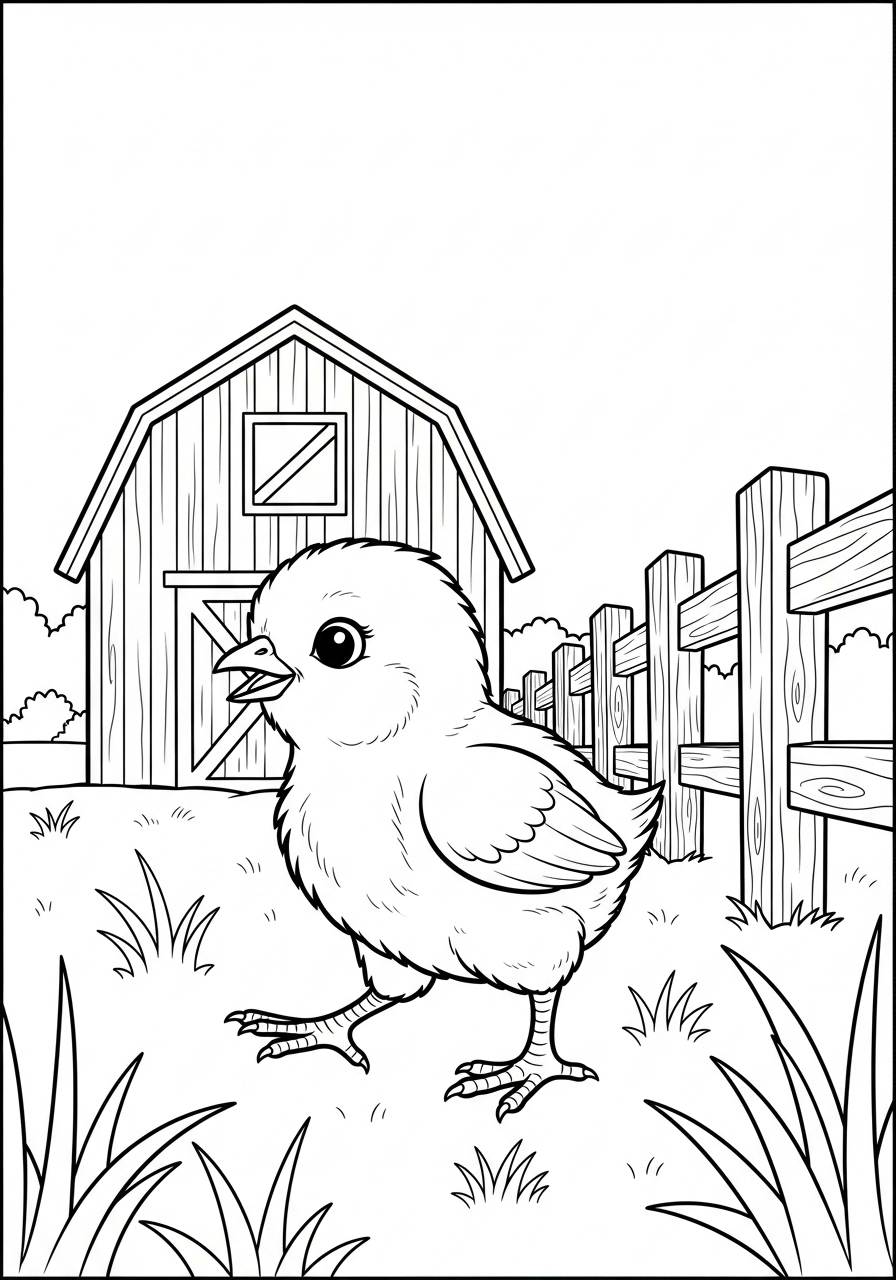 Desenho de Pintinho em um campo perto de uma casa de madeira