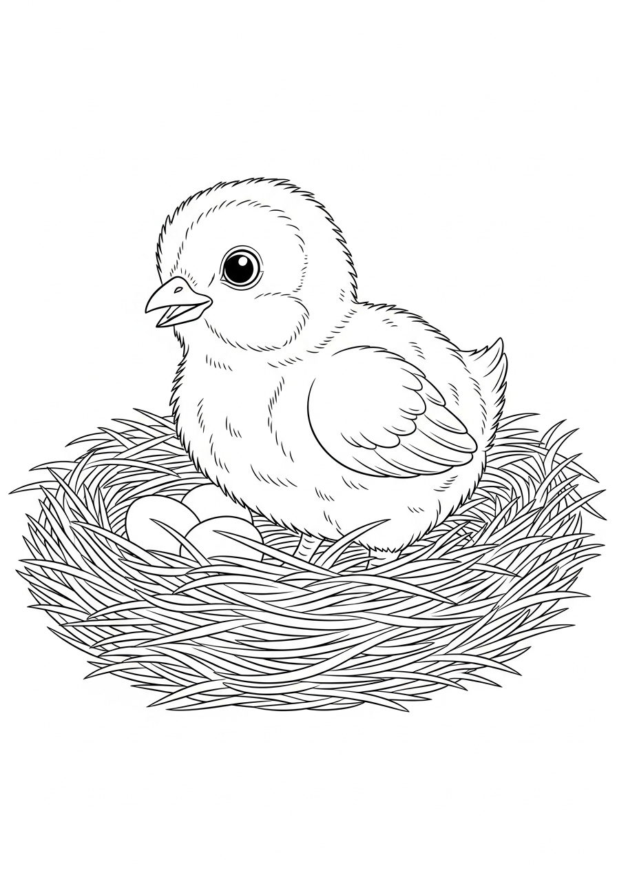 Desenho de Pintinho em um ninho com ovos para colorir