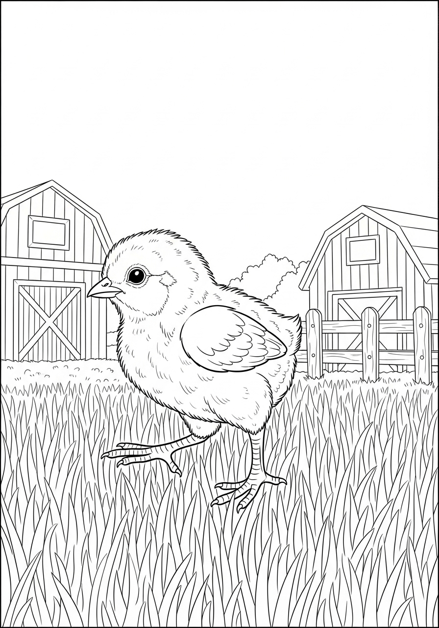 Desenho de Pintinho em um campo com galpões para colorir