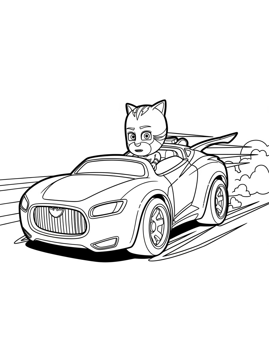 Desenho dos Pj Masks Menino-Gato dirigindo um carro para colorir