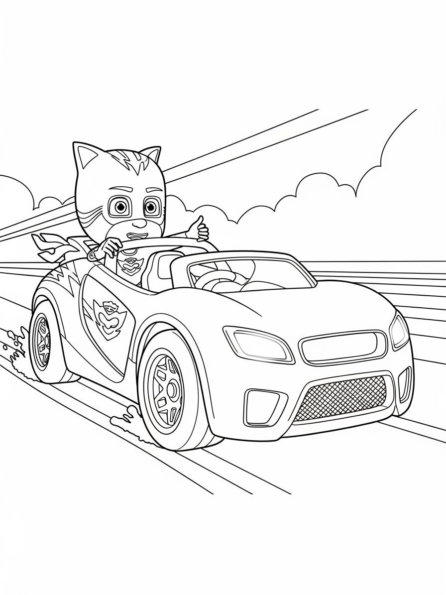 Desenho dos Pj Masks Menino-Gato dirigindo um carro para colorir
