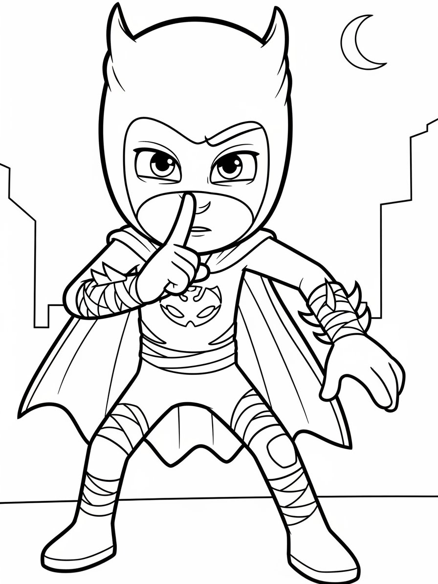 Desenho dos Pj Masks Menino-Gato fazendo sinal de silêncio para colorir