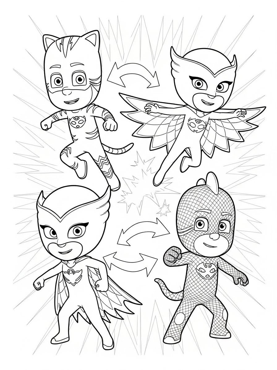 Desenho dos Pj Masks Menino-Gato Corujita e Lagartixo para colorir