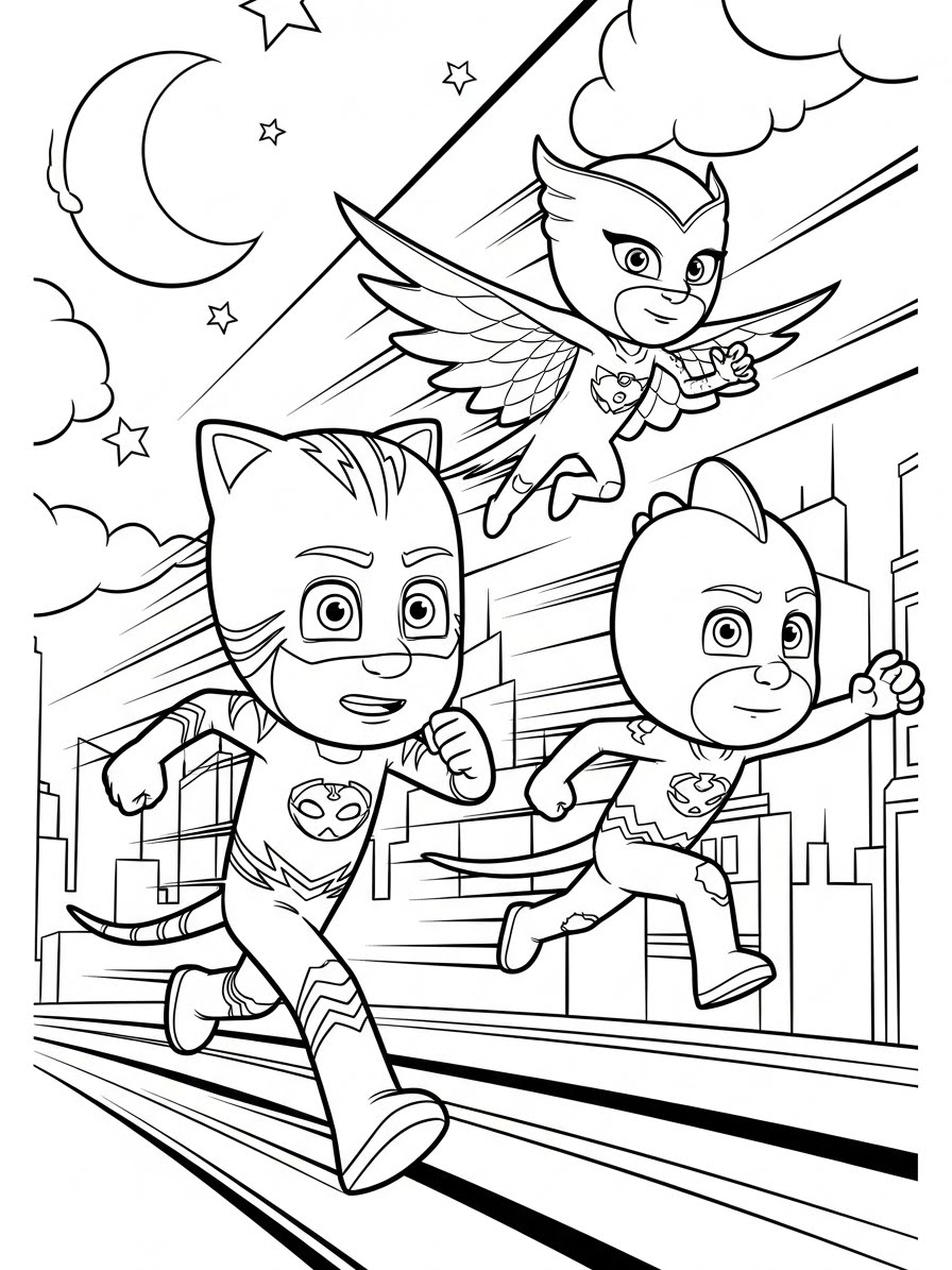 Desenho dos Pj Masks Menino-Gato Corujita e Lagartixo para colorir