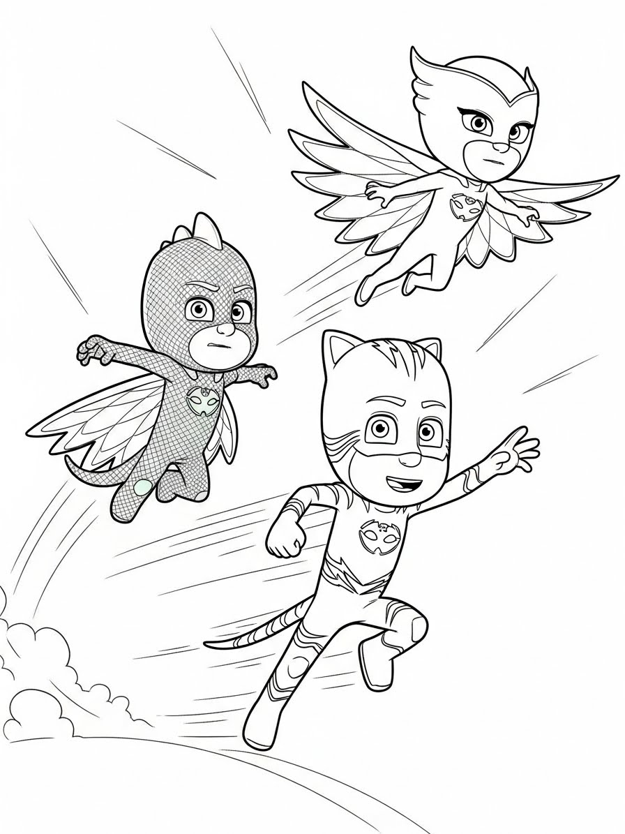 Desenho dos Pj Masks Menino-Gato Corujita e Lagartixo para colorir