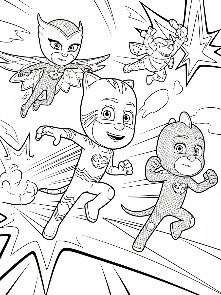 Desenho dos Pj Masks Menino-Gato Corujita e Lagartixo para colorir
