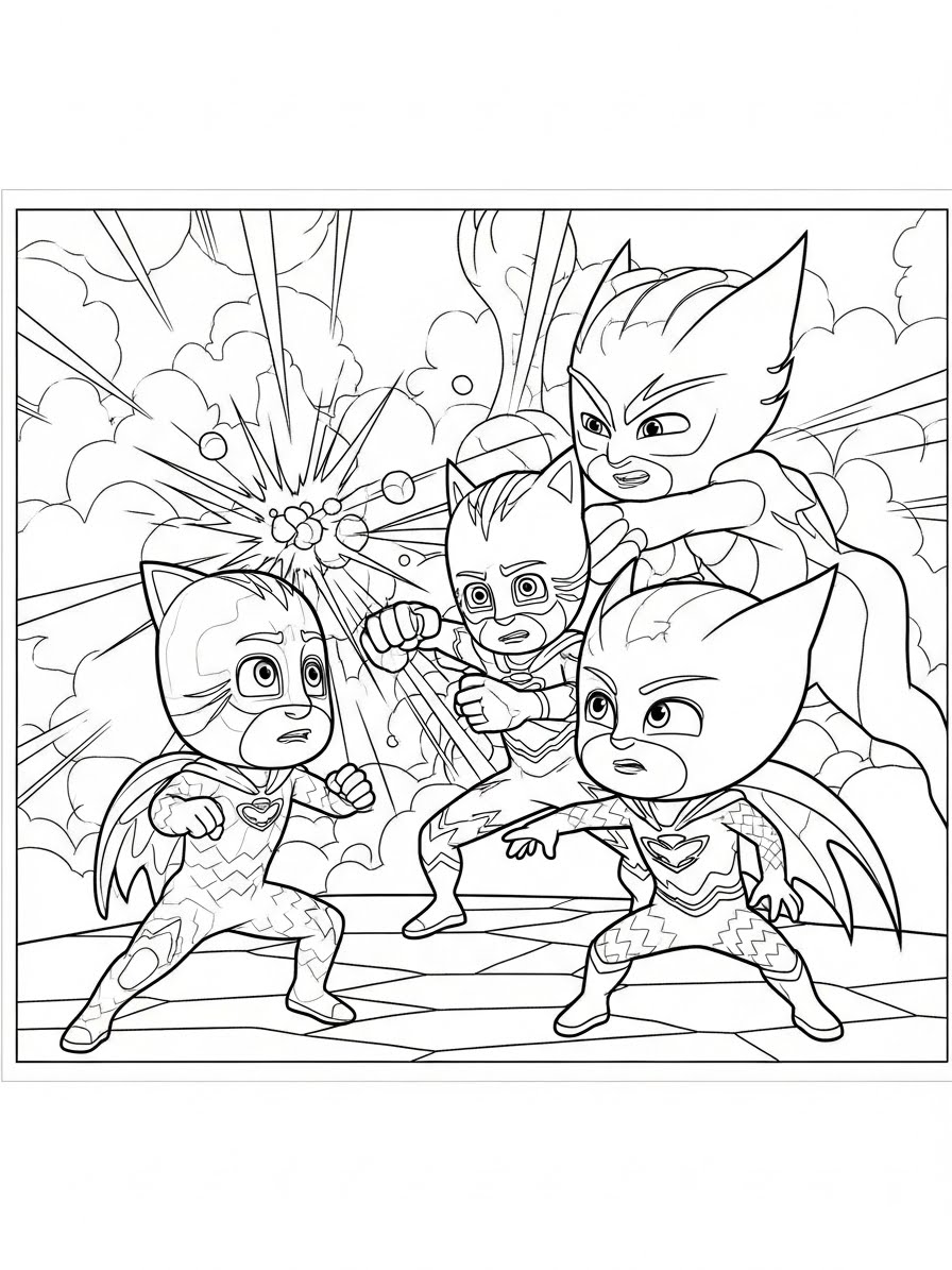 Desenho dos Pj Masks Menino-Gato Corujita e Lagartixo para colorir