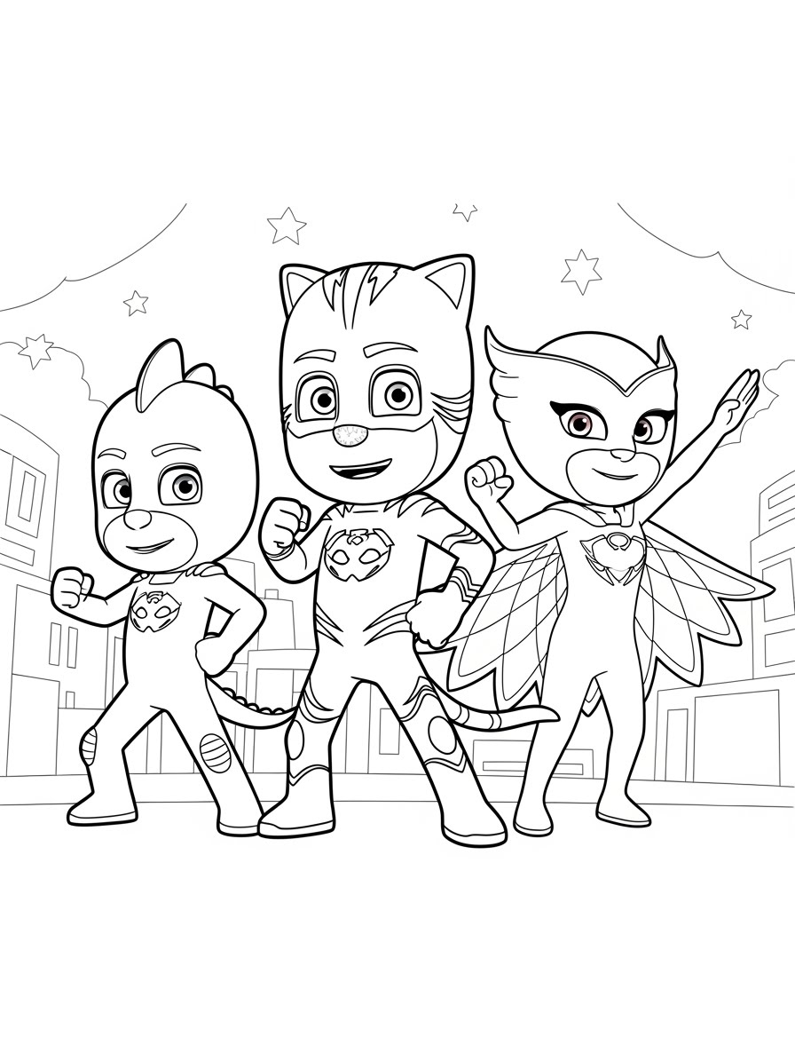 Desenho dos Pj Masks Menino-Gato Corujita e Lagartixo para colorir