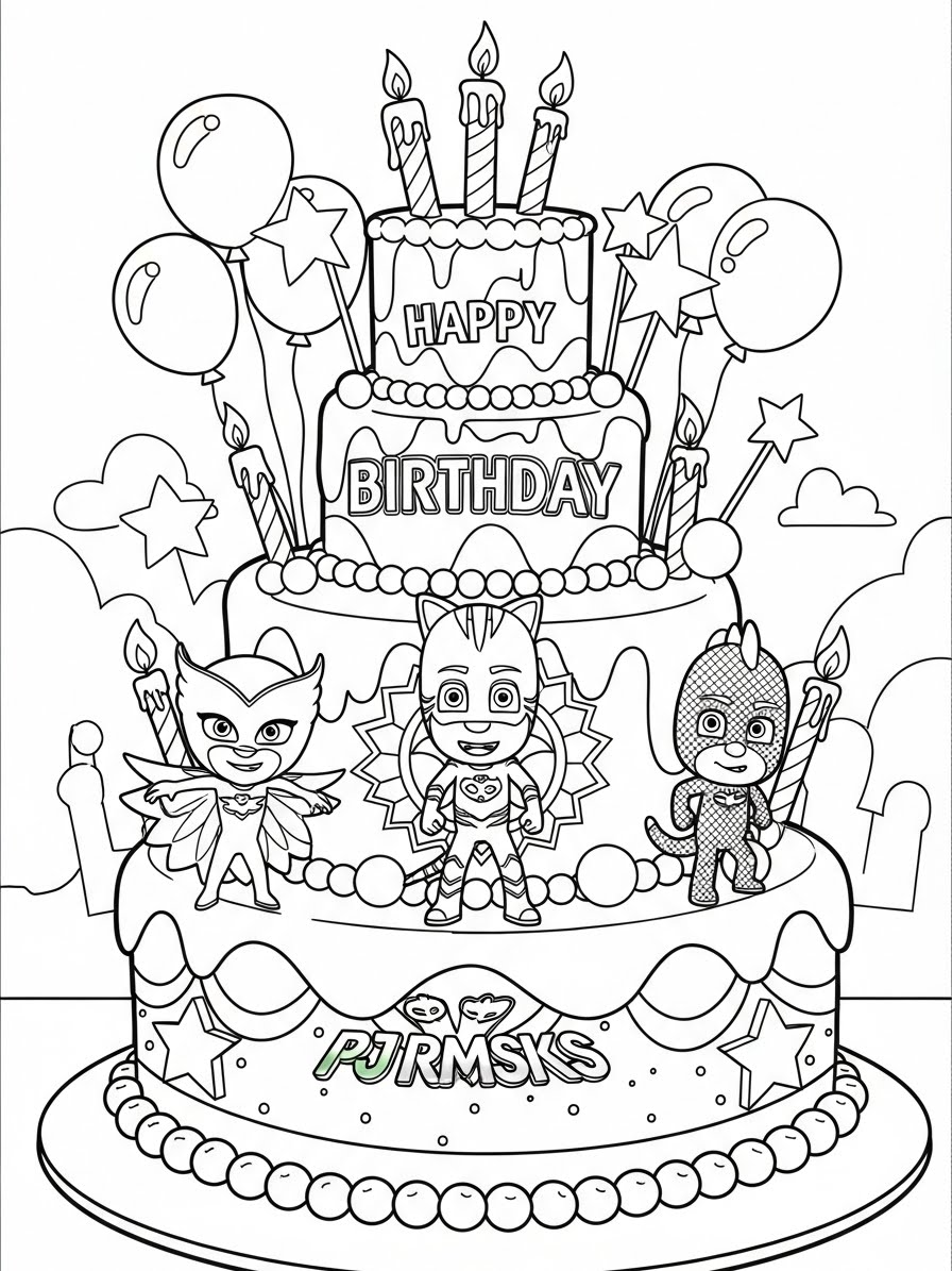 Desenho dos Pj Masks com bolo de aniversário para colorir