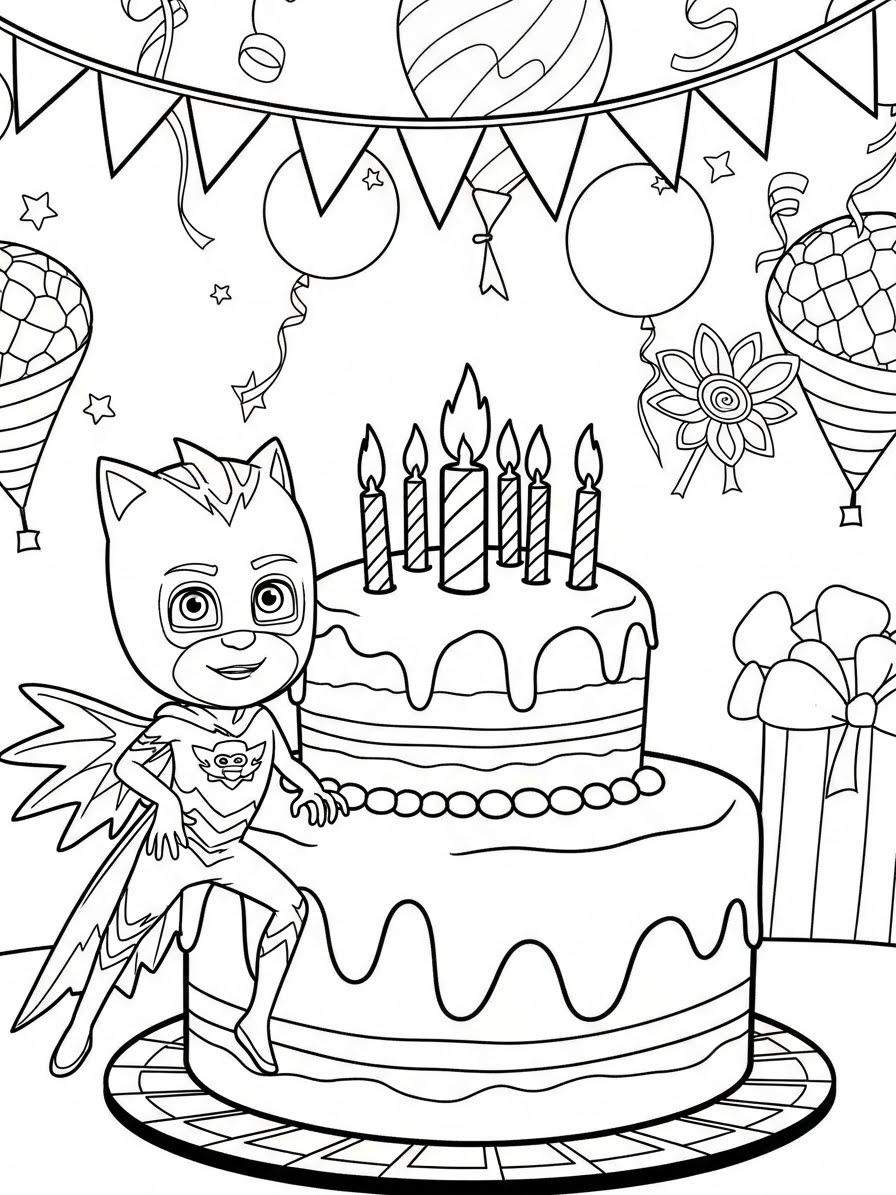 Desenho dos Pj Masks Corujita com bolo e velas para colorir