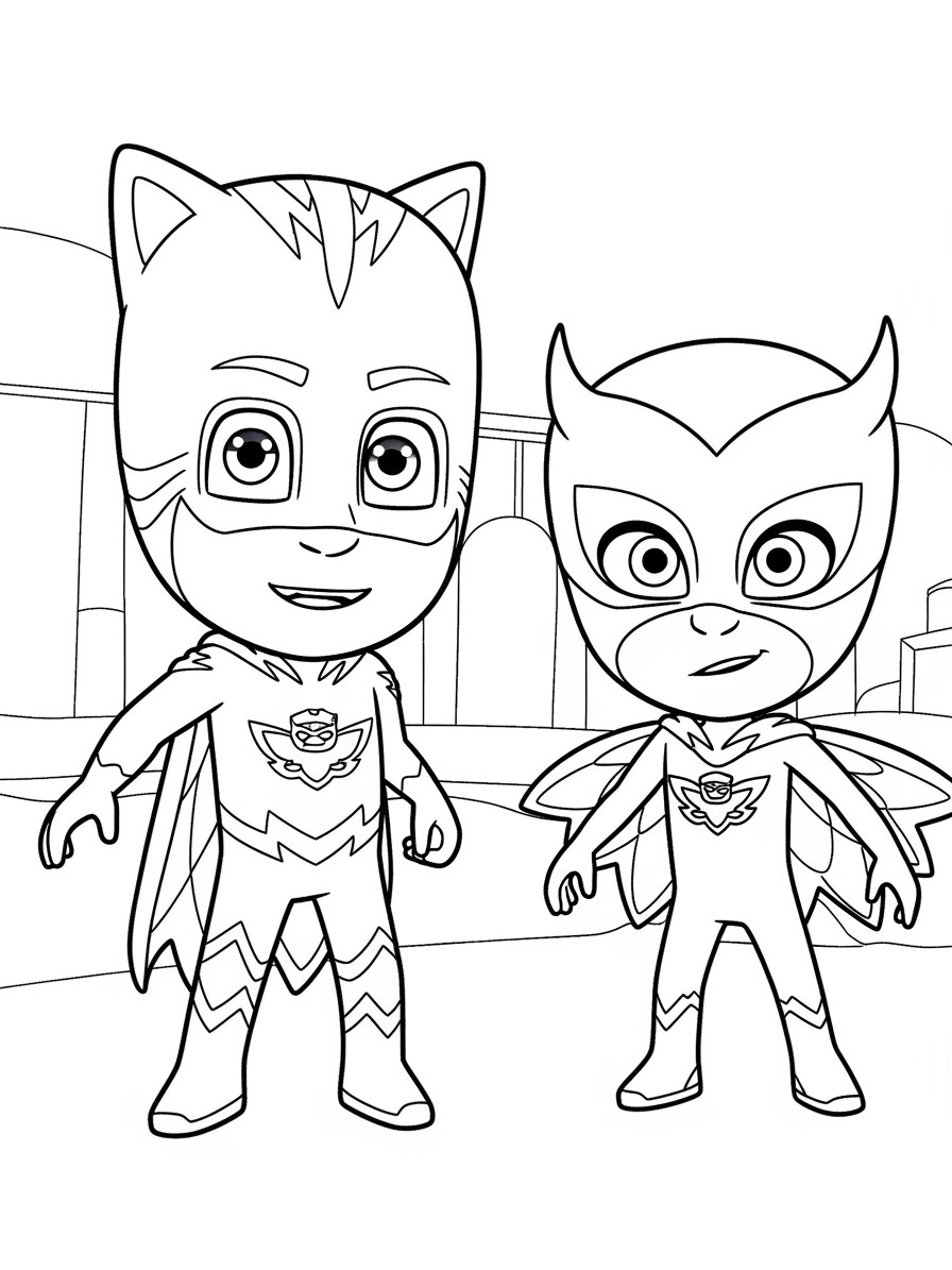 Desenho dos Pj Masks Menino-Gato e Corujita para colorir