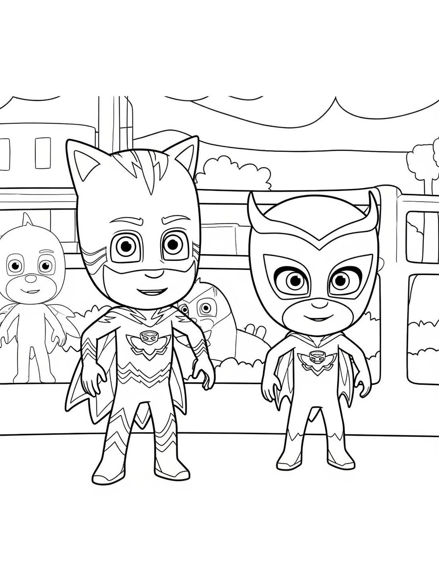 Desenho dos Pj Masks Menino-Gato e Corujita para colorir
