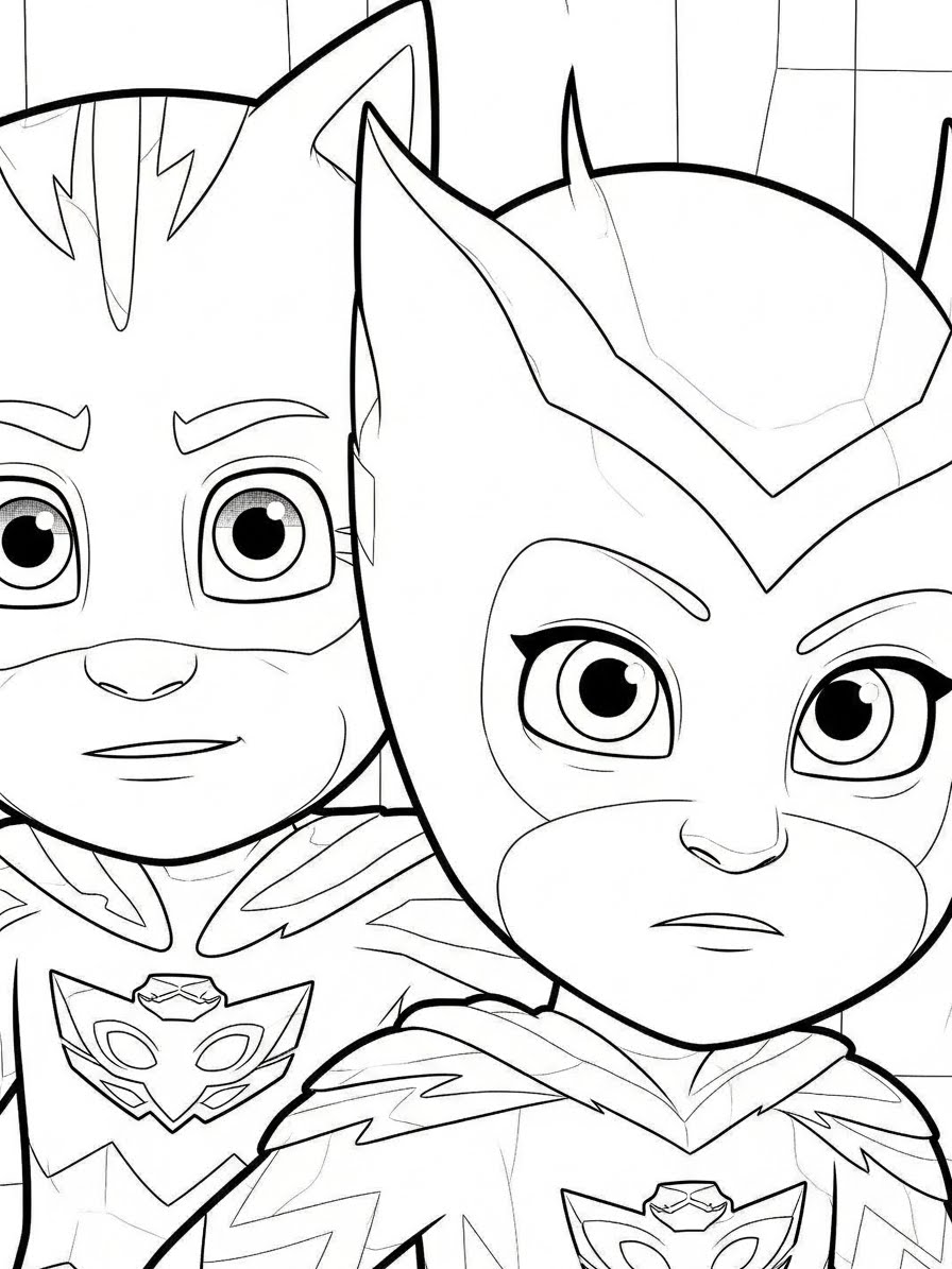 Desenho dos Pj Masks Menino-Gato Corujita e Lagartixo para colorir