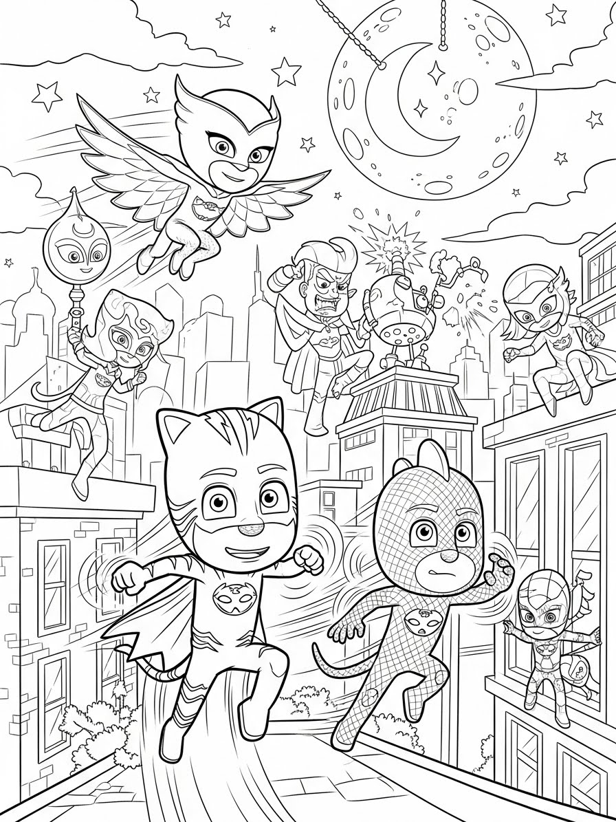 Desenho dos Pj Masks Menino-Gato Corujita e Lagartixo para colorir