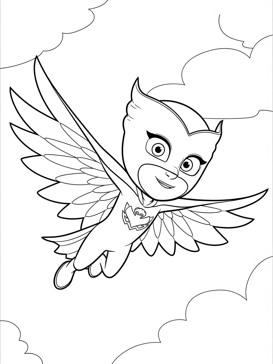 Desenho dos Pj Masks Corujita voando entre as nuvens para colorir