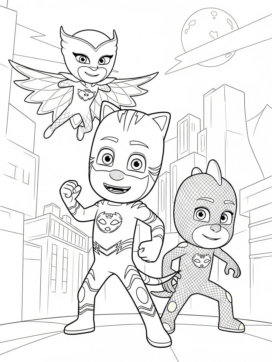 Desenho dos Pj Masks Menino-Gato Corujita e Lagartixo para colorir