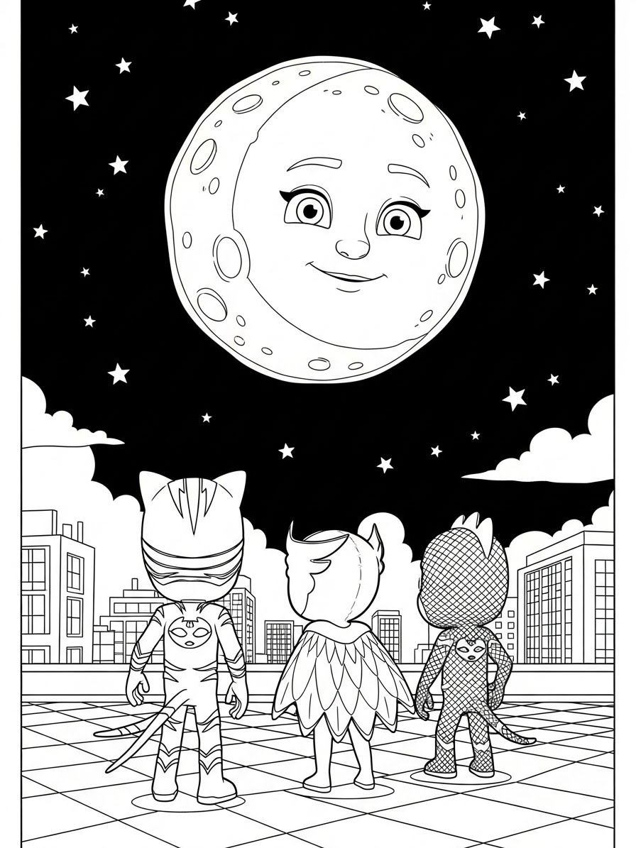 Desenho dos Pj Masks olhando para a lua para colorir