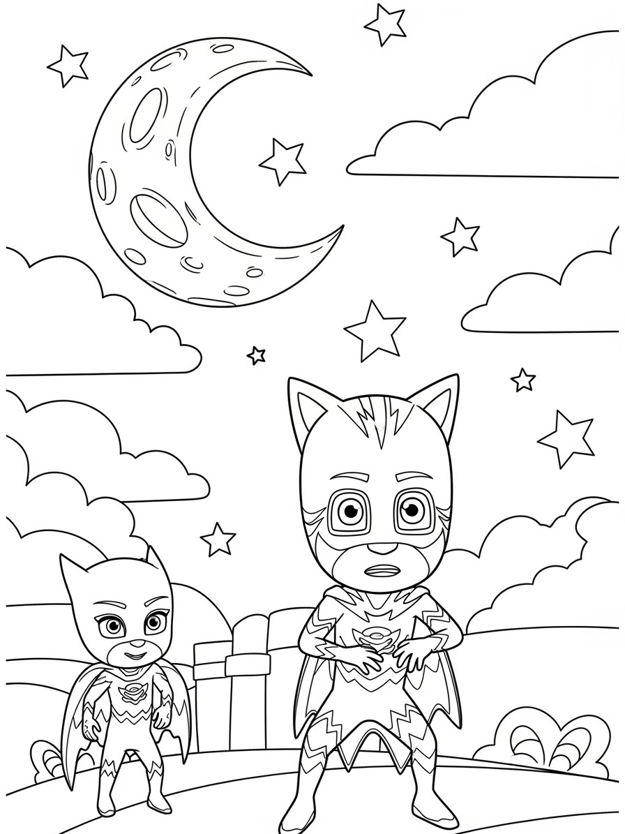 Desenho dos Pj Masks Menino-Gato e Corujita para colorir