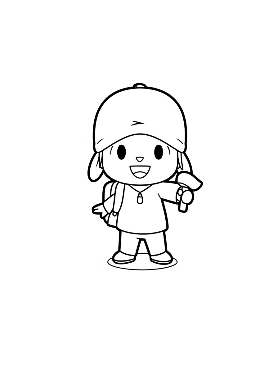 Desenho do Pocoyo sorrindo com chapéu e mochila para colorir