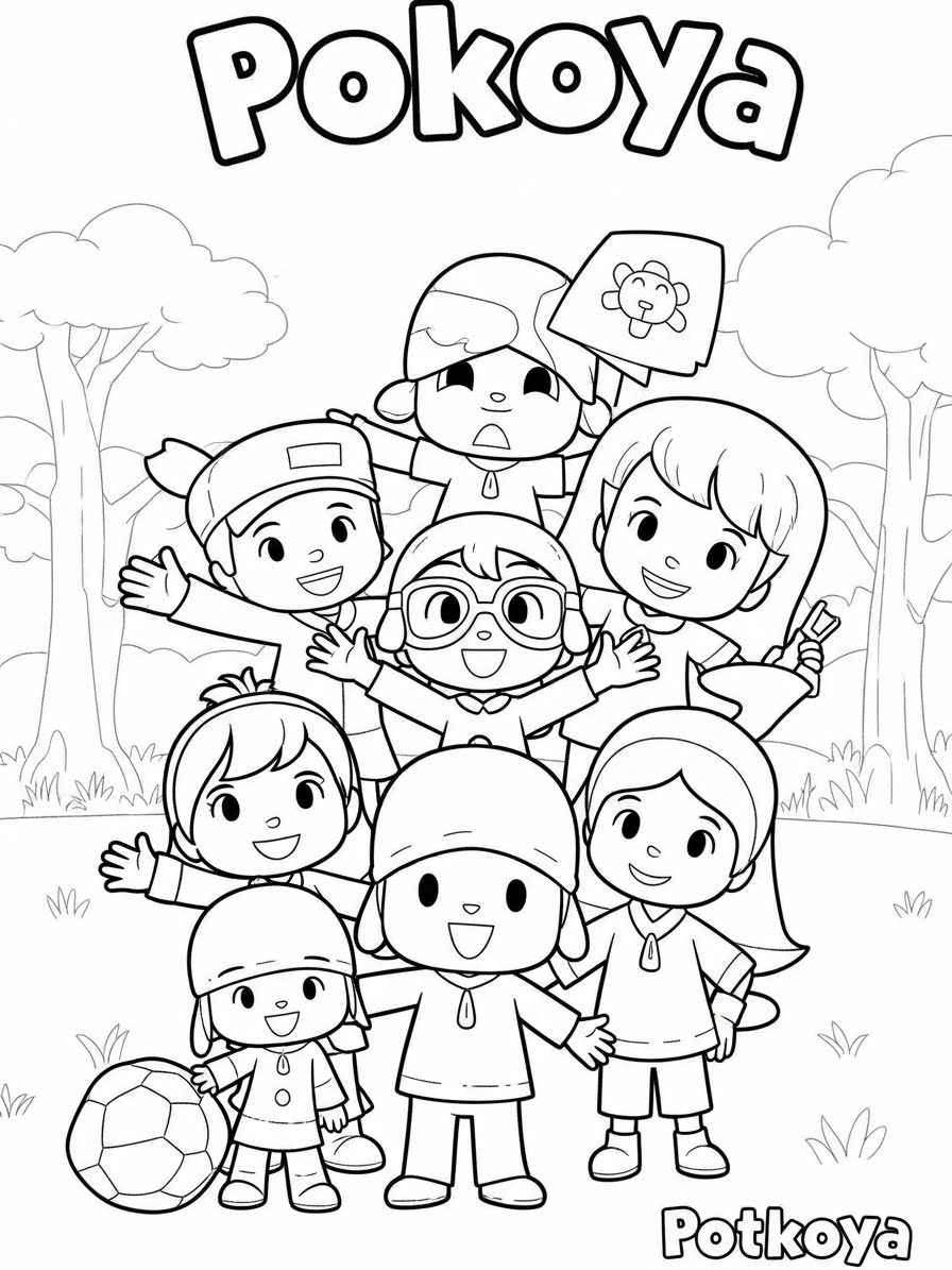 Desenho do Pocoyo e amigos se divertindo para colorir