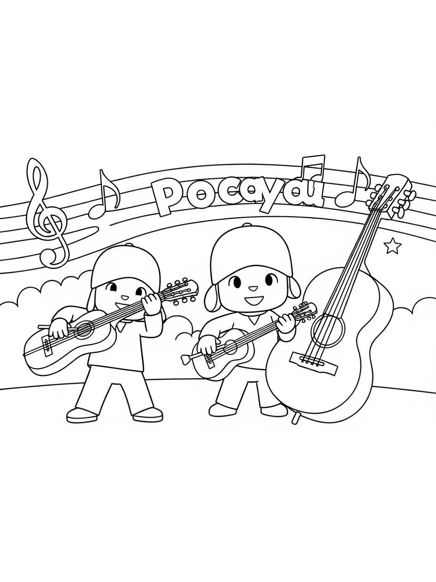 Desenho do Pocoyo e amiguinho tocando instrumentos para colorir