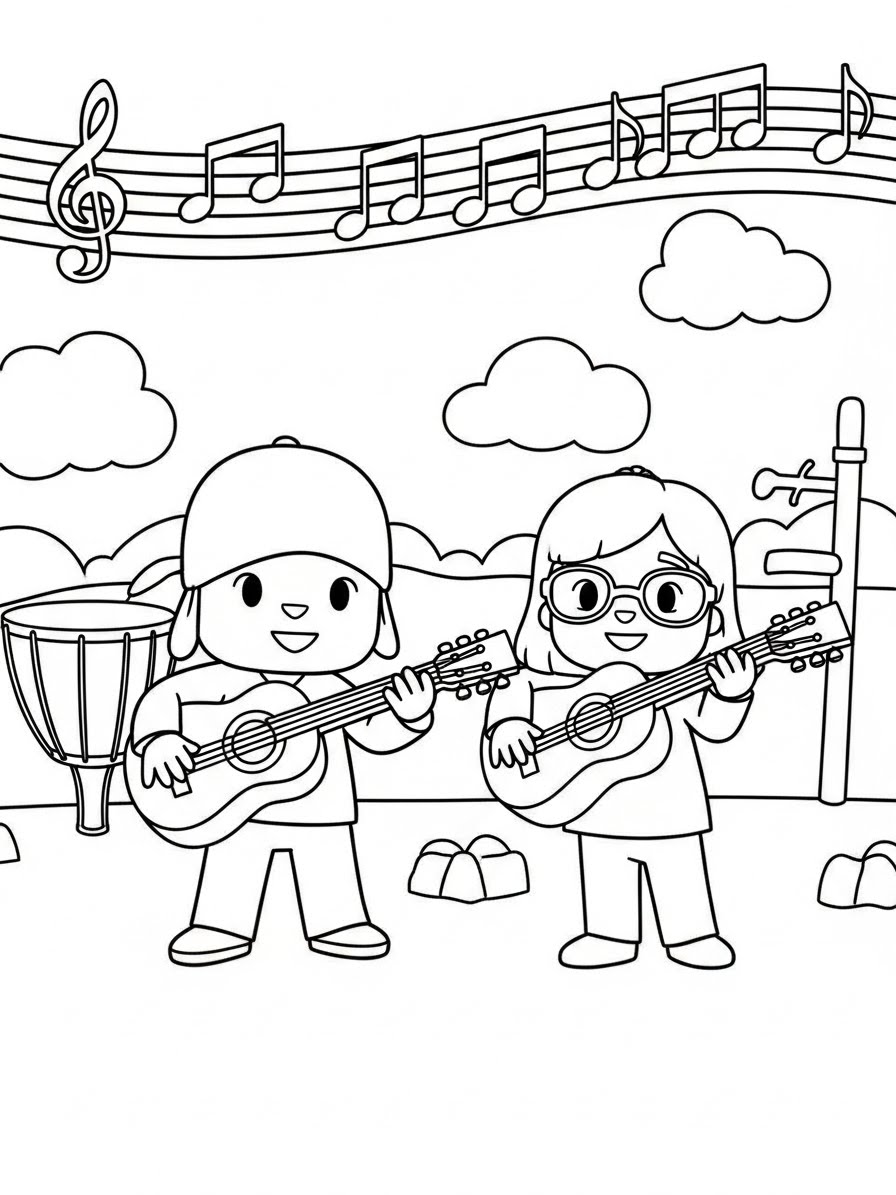 Desenho do Pocoyo e sua amiga tocando violão para colorir
