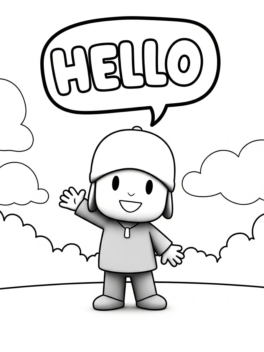 Desenho do Pocoyo acenando e dizendo olá para colorir