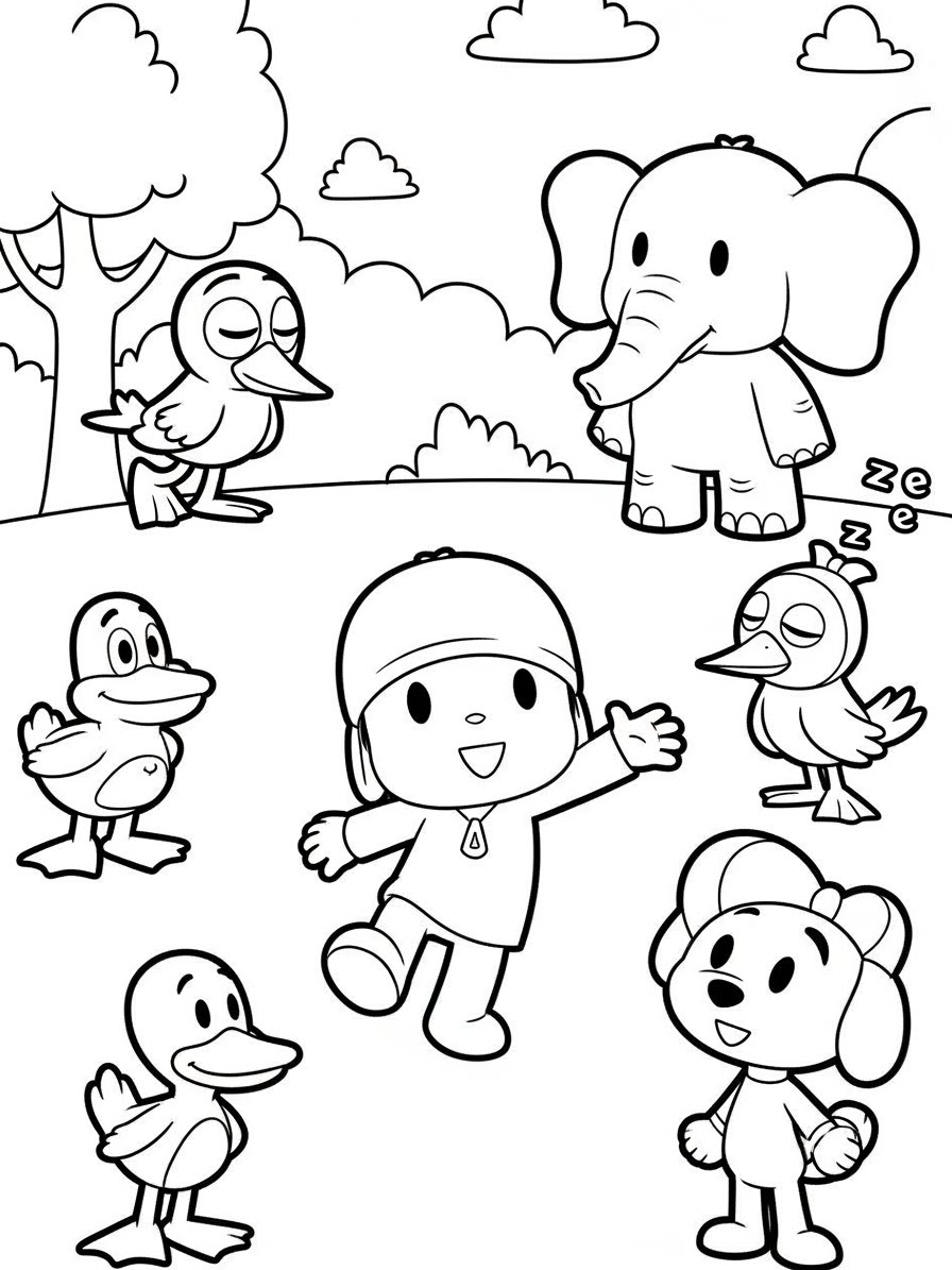 Desenho do Pocoyo e amigos no parque para colorir