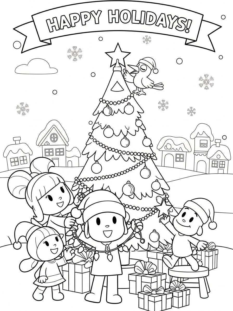 Desenho do Pocoyo decorando a árvore de Natal para colorir