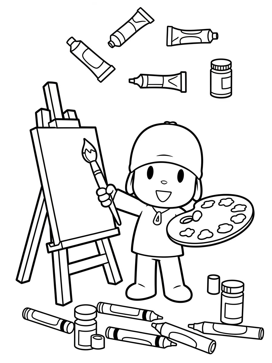 Desenho do Pocoyo pintando com easel e materiais para colorir