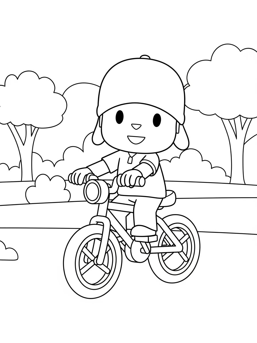 Desenho do Pocoyo andando de bicicleta para colorir