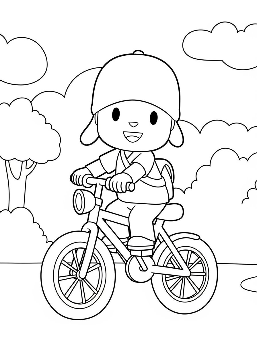 Desenho do Pocoyo andando de bicicleta para colorir